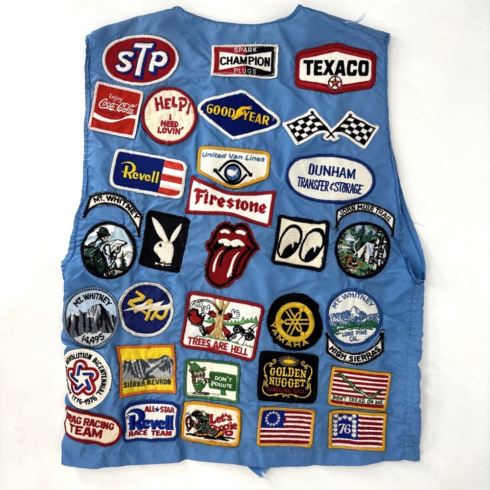 1970s INSANE All Over Patch Vest Racing Playboy Rolling‎ Stones White Sox Yamaha